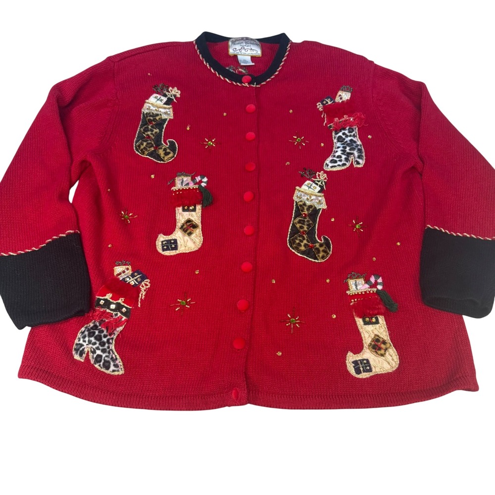 Vintage Heirloom Collectibles Red Christmas Stocking Cardigan Sweater 2X FLAWS